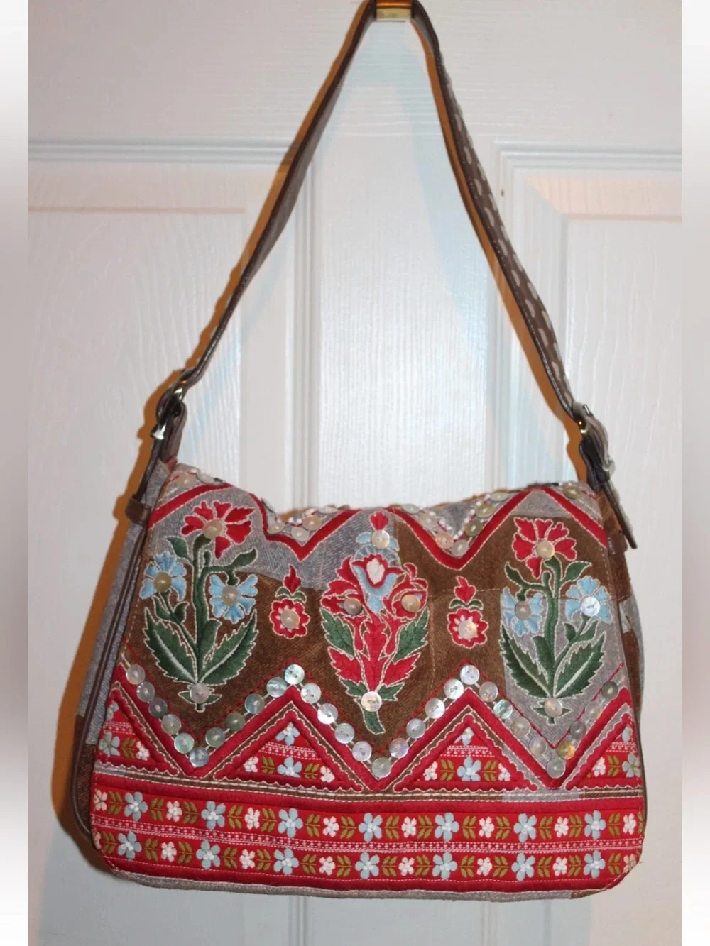 Isabella Fiore Denim PatchworkEmbroidered Boho Flap Hobo Shoulder Bag